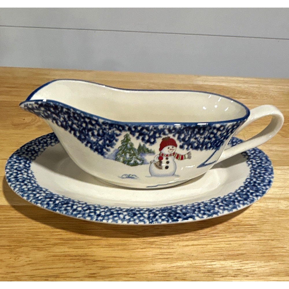 Thomson Pottery Snowman Christmas Gravy Boat Set 12 oz China Oval Blue Rim